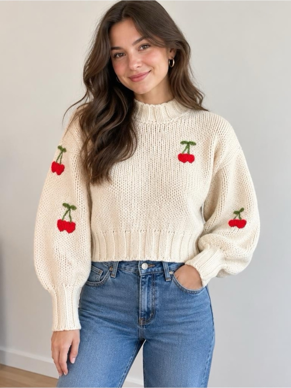 Forever 21 Cream Knit Turtleneck Sweater with Red Cherry Embroidery